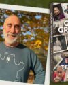 Author Ted Page with a wooded scene behind him. He has a close shaved grey beard and his wearing blueish green sweatshirt with an outline of a cartoon bear. Next to his photo is the book cover image of Good Grandpa by Ted Page.