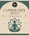 Green and tan block coloring. Centered brown text: Community Yoga with Isabelle Barbour. Green graphic of a person sitting cross-legged and with an outline of a lotus flower behind them.
