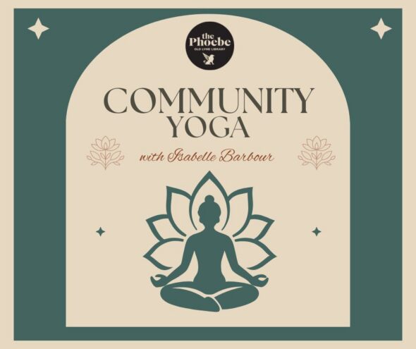 Green and tan block coloring. Centered brown text: Community Yoga with Isabelle Barbour. Green graphic of a person sitting cross-legged and with an outline of a lotus flower behind them.