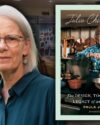 Author Paula J. Johnson with grey hair just above her shoulders, wearing glasses and a blueish green button up blouse. The book cover of Julia Child's Kitchen. Background is an image of a large kitchen full of kitchen implements, utensils, and accessories.