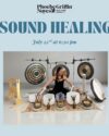 Blue text center top: Sound Healing July 22 at 6:30pm. Background is light blue. Presenter Kristina Quinones sitting on a rug surrounded by different types of drums.