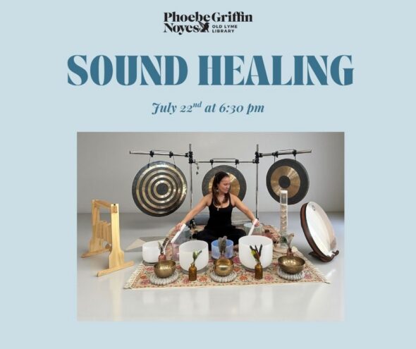 Blue text center top: Sound Healing July 22 at 6:30pm. Background is light blue. Presenter Kristina Quinones sitting on a rug surrounded by different types of drums.