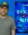 Author, Daniel Kraus, wearing a grey t-shirt, dark framed glasses, and a grey cap with bright green text, "Night of the Living Dead". Book cover of The Sixth Nik by Daniel Kraus. Bright blue background with bright spots like stars.