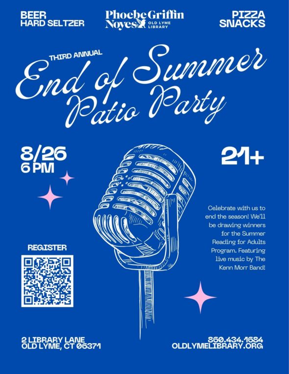 Blue background with white text throughout the flyer. Third annual End of Summer Patio Party 8/26 at 6pm, 21+. Registration required.
