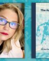 Teal background with Smithsonian curator and author, Carolyn Russo, with shoulder length blonde hair, black and white framed glasses, black shirt and white coat. The book cover of The Ascent of Rauschenberg Reinventing the Art of Flight by Carolyn Russo.