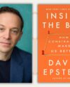 Author, David Epstein, with short brown hair, wearing a blue blazer and dark blue undershirt, there is a teal background. Book cover of Inside the Box by David Epstein.
