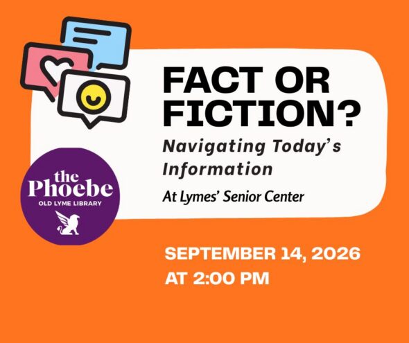 Bright orange background with blue, pink and white text boxes that have emojis and text. White block with black text in the middle, "Fact or Fiction? Navigating Today's Information at Lymes' Senior Center." 