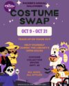 Purple night background with centered black text Costume Swap. Features graphics of kids dressed in Halloween costumes including a yellow witch, white mummy, purple and yellow dinosaur, white angel with gold wings, vampire, and skull with a cape.
