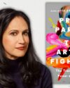 The author, Priya Parker, with her head angled to the side, her long dark hair down, wearing a dark blue turtleneck and her elbow resting on the back of a yellow chair with her hand back on her head. Book cover of The Art of Fighting: The Transformative Power of Conflict by Priya Parker.