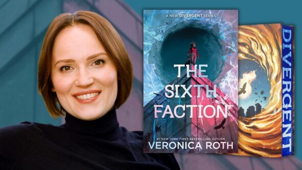 Author, Veronica Roth, with brown hair down to her jawline, smiling, wearing a black turtle neck. The book covers of The sixth Faction and Divergent.