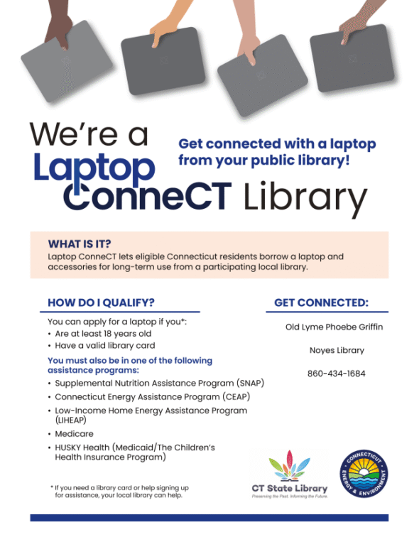 We are a Laptop ConneCT Library. Background is white with blue and black text about the Laptop Connect program. Top border has arms reaching with a laptop in hand.