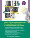 Purple and white background with black text Join Teen Advisory Board! graphic of an arm with a megaphone from right border. Bottom half has green background with yellow and white text about event including intro meeting dates Tues, Oct. 6 or Tues, Oct 13 at 5:00pm.