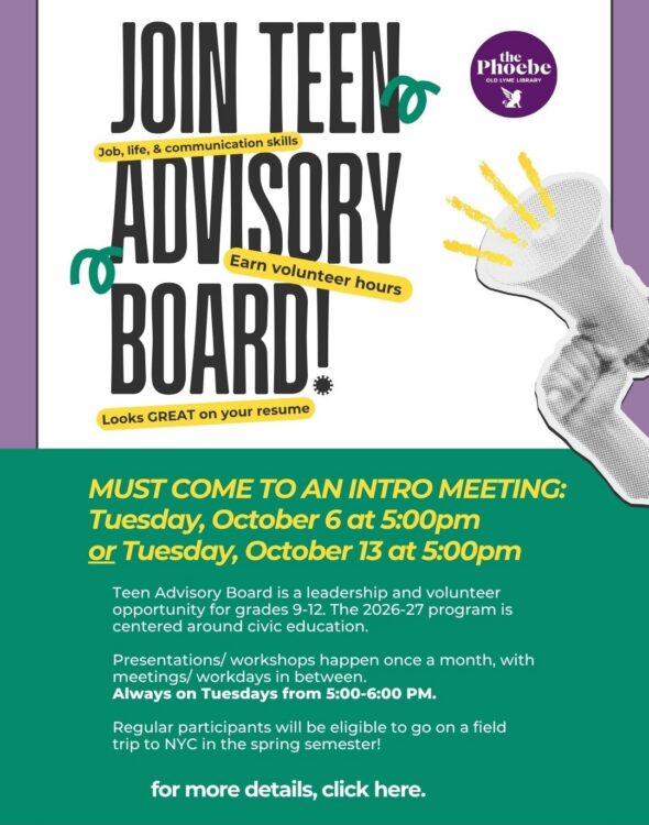 Purple and white background with black text Join Teen Advisory Board! graphic of an arm with a megaphone from right border. Bottom half has green background with yellow and white text about event including intro meeting dates Tues, Oct. 6 or Tues, Oct 13 at 5:00pm.