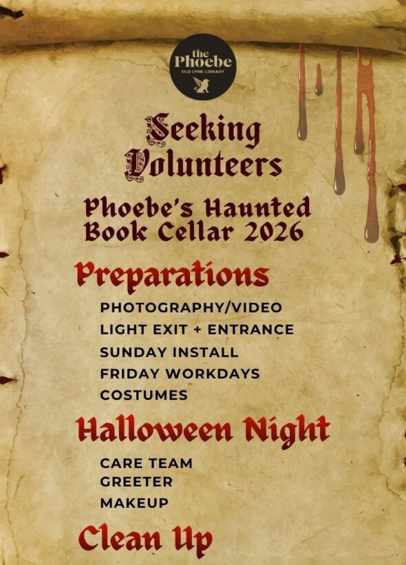 Flyer with a parchment scroll background and the heading: Seeking Volunteers in a gothic font. Haunted house volunteer roles following.